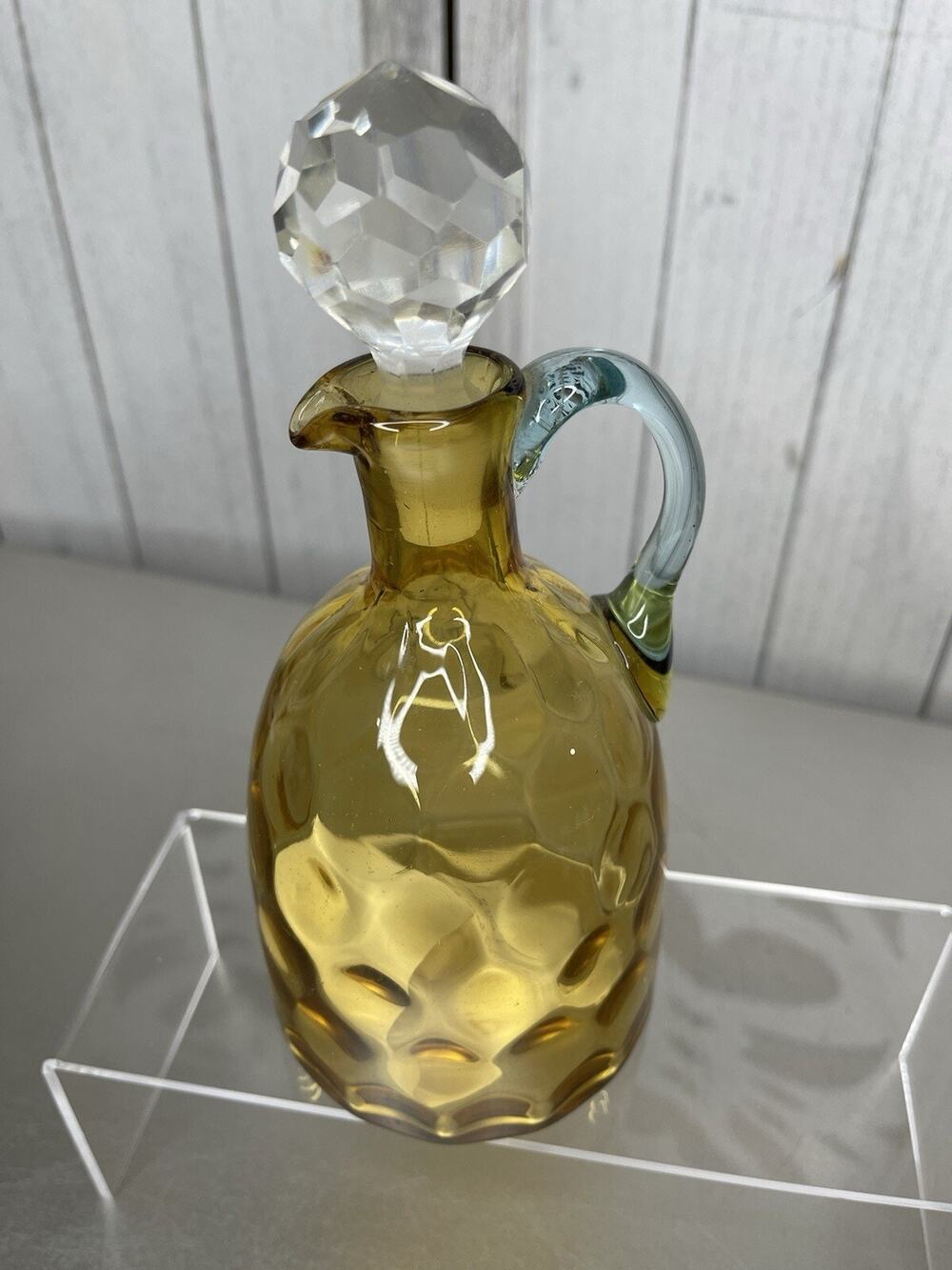 Antique Amber Thumb Print Blue Handle Art Glass Cruet Faceted Decanter